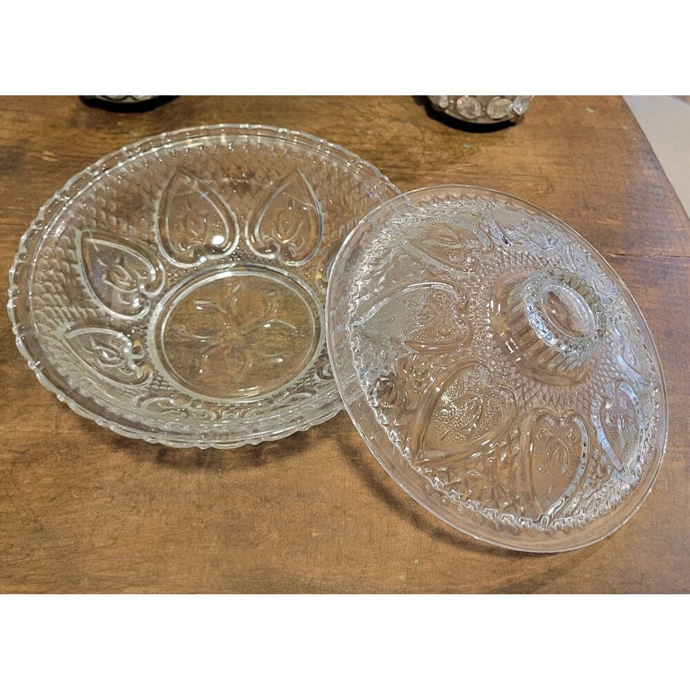 KIG Indonesia Roses in Hearts Pattern Glass Candy Dish with Lid - 1950's